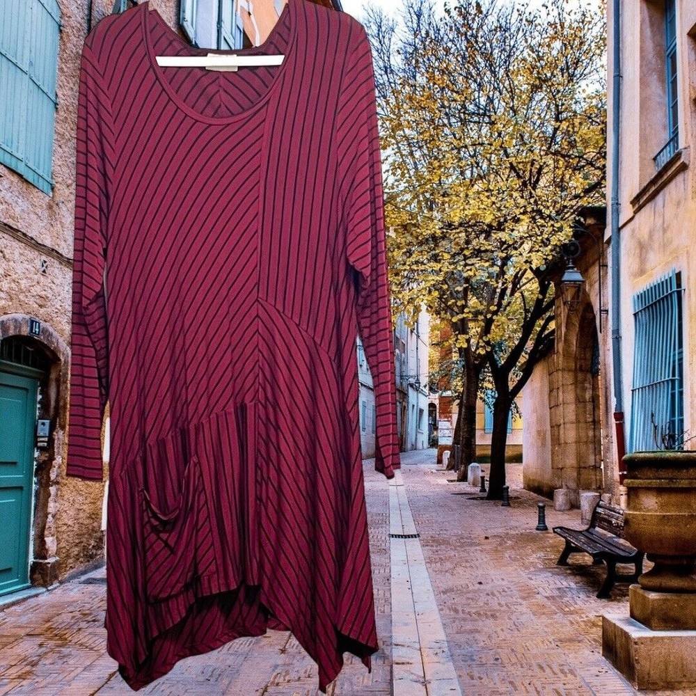 INAE Collection Lagenlook Burgundy Red & Black Striped Midi Dress  XL